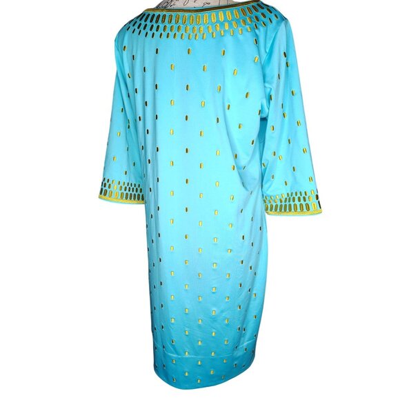 Gretchen Scott Medium Dress, Teal Blue, Gold, Embroidered Neckline, 3/4 Sleeve - Picture 3 of 5